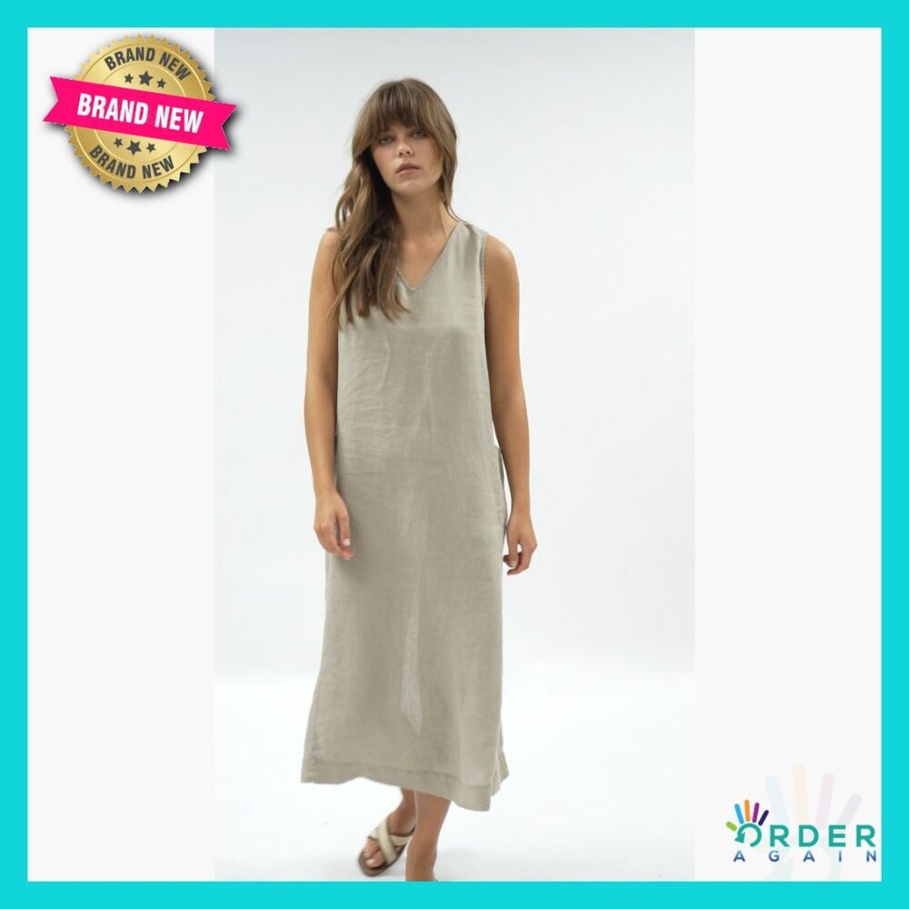 Linen Sleeveless V-Neck Midi Dress with Slit Casual Chic Relaxed Fit - Picture 7 of 7